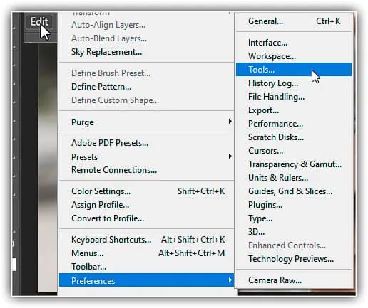 A opção Overscroll está localizada na seção Ferramentas das Preferências do Photoshop.