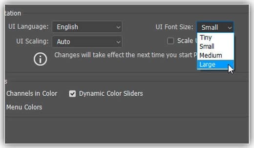 Alterar o tamanho da fonte da interface do usuário de pequeno para grande.
