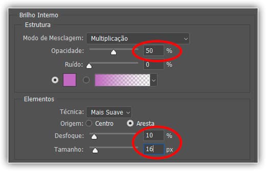 Altere as opções circuladas em vermelho acima para Brilho Interno.