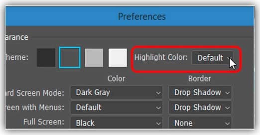 A opção Highlight Color nas preferências de Interface.