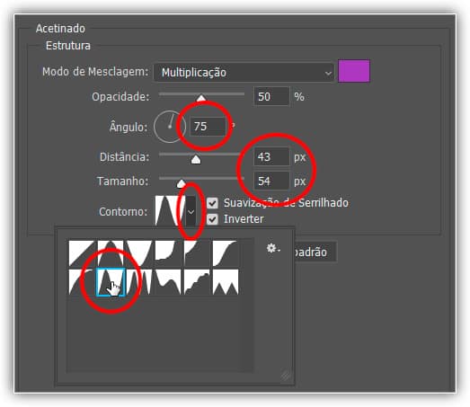 Altere as opções de cetim circuladas em vermelho acima.