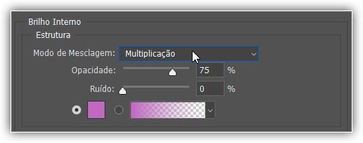 Clique na seta apontando para baixo e altere o modo de mesclagem do efeito Brilho Interno para "Multiplicação".