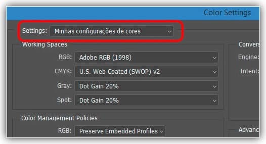 sincronizar as configurações de cores do Photoshop