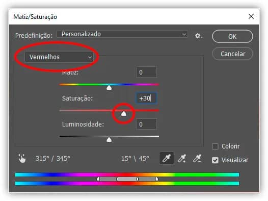 Aumentar a saturação da cor com o comando Matiz/Saturação.