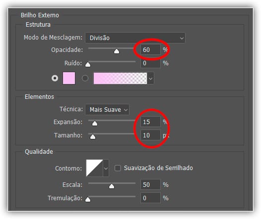 Faça as alterações circuladas em vermelho acima nas opções Brilho Externo.