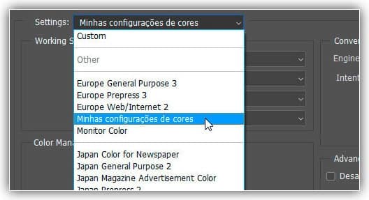sincronizar as configurações de cores do Photoshop