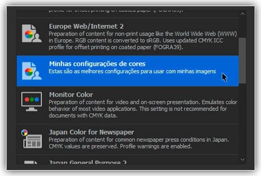 Selecionando minha predefinição personalizada "Minhas configurações de cores".
