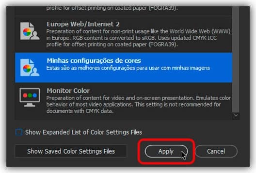 Clicando em "Aplicar" para sincronizar as configurações de cores.