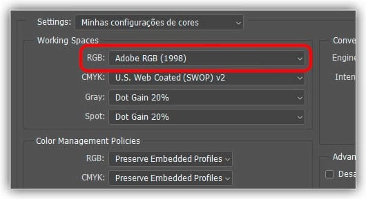 sincronizar as configurações de cores do Photoshop