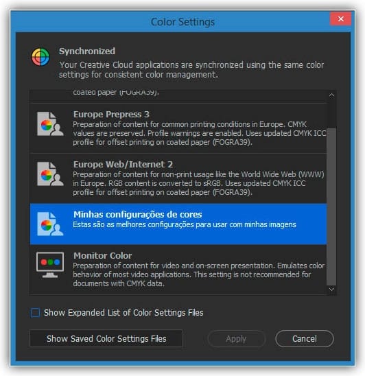 Cada aplicativo na Creative Cloud/Creative Suite agora está usando suas configurações de cores personalizadas.