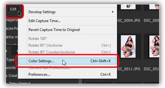 No Bridge, vá para Editar > Configurações de cores (CC) ou Configurações de cores do Creative Suite (CS6).