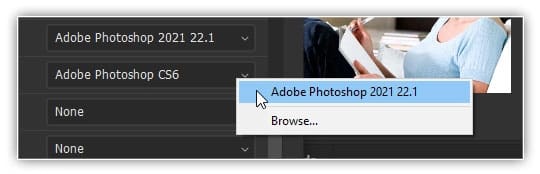 Definindo o Adobe Photoshop CC 2021 como o novo aplicativo para abrir arquivos PNG do Bridge.