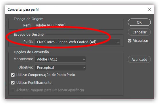 A opção Espaço de Destino definida como Trabalhando CMYK.
