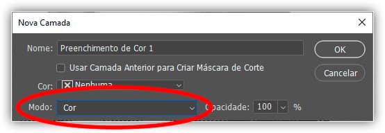 Definir o modo de mesclagem da camada de preenchimento para Cor.