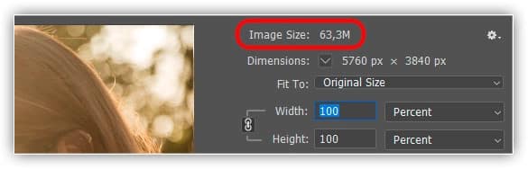 O tamanho da imagem, em megabytes, é mostrado na parte superior.