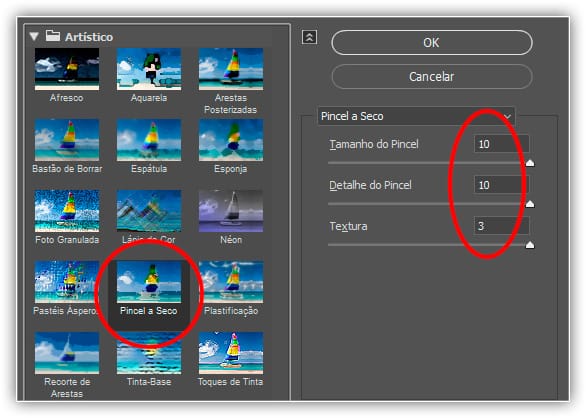 Selecionando o filtro Pincel a Seco e configurando suas opções.