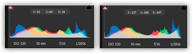O histograma da versão JPEG à direita agora mostra lacunas de informações ausentes nos destaques.