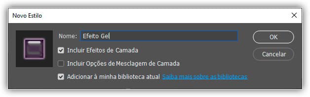 Caixa de diálogo "Novo Estilo" do Photoshop. Nomeie o novo estilo como "Efeito Gel".