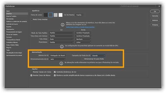 Vá para Preferências > Interface > Tamanho da fonte da IU para alterar o texto em painéis e dicas de ferramentas