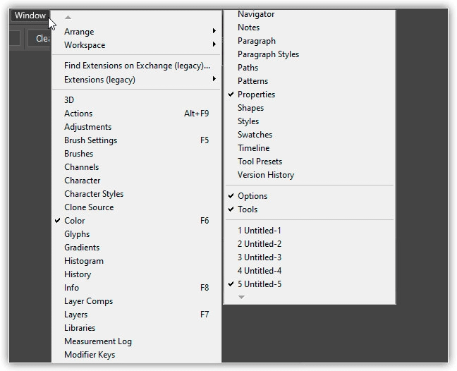 O menu Janela listando cada um dos 29 painéis do Photoshop.