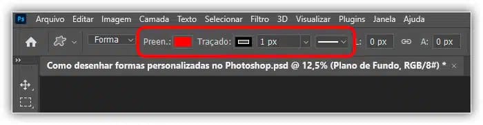 A barra de opções mostrando o preenchimento e o traçado padrão para novas formas.