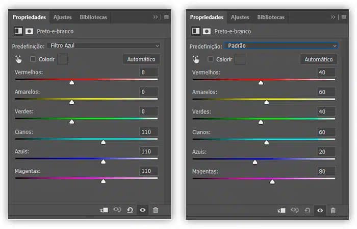 Comparando as configurações padrão (à direita) com as configurações do Filtro Azul (à esquerda).