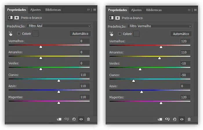 Comparando as configurações do Filtro Azul (esquerda) com as configurações do Filtro Vermelho (direita).