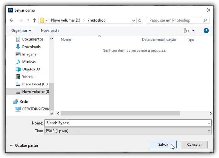 Exportando (salvando) a predefinição de ajuste.