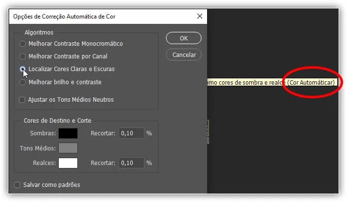 Encontrar cores claras e escuras é igual a cor automática.
