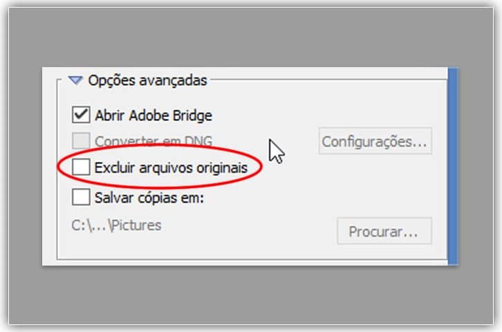 Deixe "Excluir arquivos originais" desmarcado para evitar a perda de suas imagens.