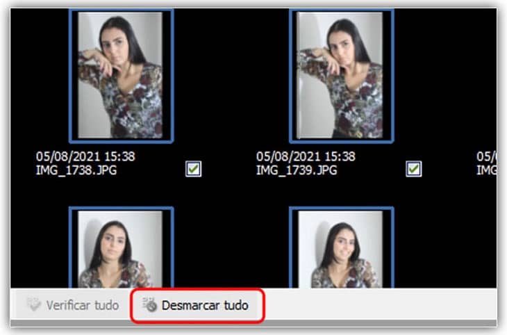 O botão UnCheck All desmarca instantaneamente todas as imagens.