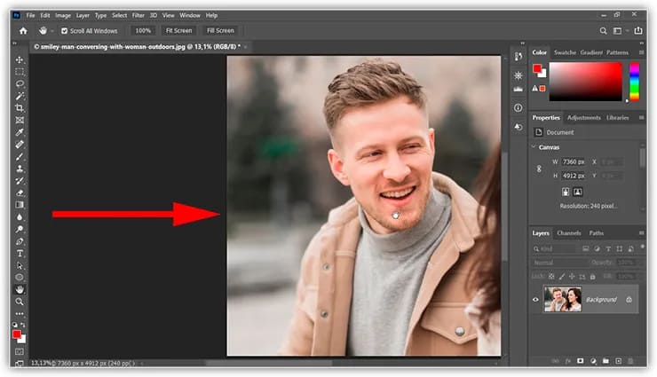 Com o Overscroll ativado, o Photoshop permite que você role e desloque livremente a imagem em qualquer nível de zoom.
