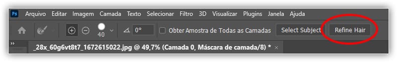 Barra de opções superior refinar cabelo.