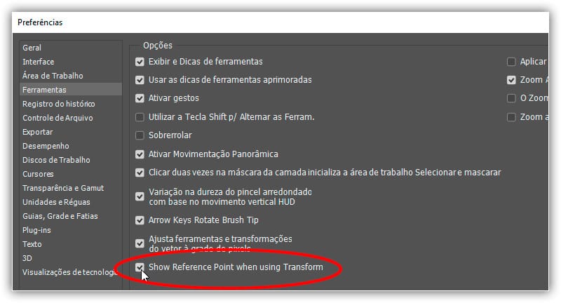 Ativando "Mostrar ponto de referência ao usar Transformar".