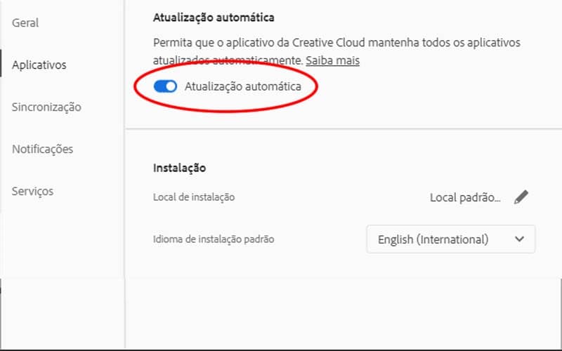Ativando a atualização automática e o Photoshop.