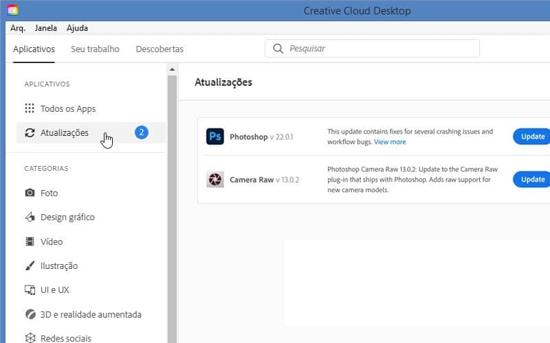 O aplicativo de desktop Creative Cloud.