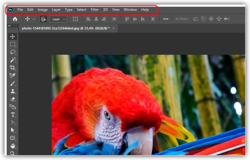 A barra de menus corre ao longo da parte superior do Photoshop.