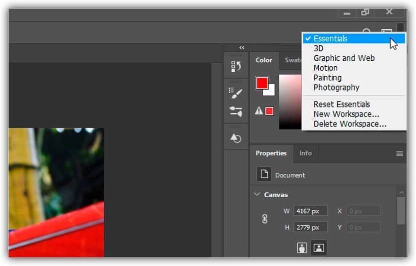 Use o menu Área de trabalho para alternar facilmente entre as áreas de trabalho.