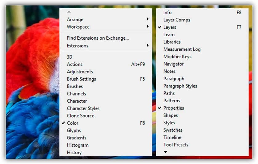 Todos os painéis do Photoshop podem ser acessados ​​no menu Janela.