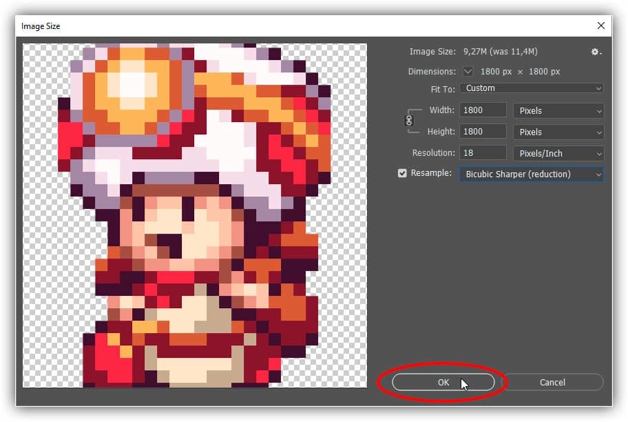 Clicar em OK para diminuir a resolução da pixel art.