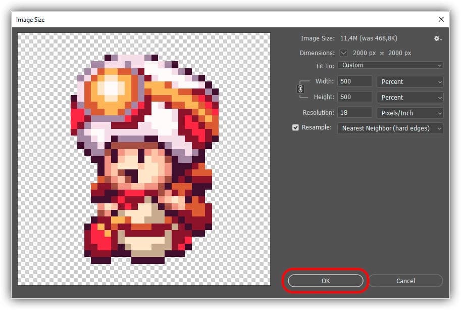 Clicar em OK para ampliar a pixel art e fechar a caixa de diálogo Tamanho da imagem.
