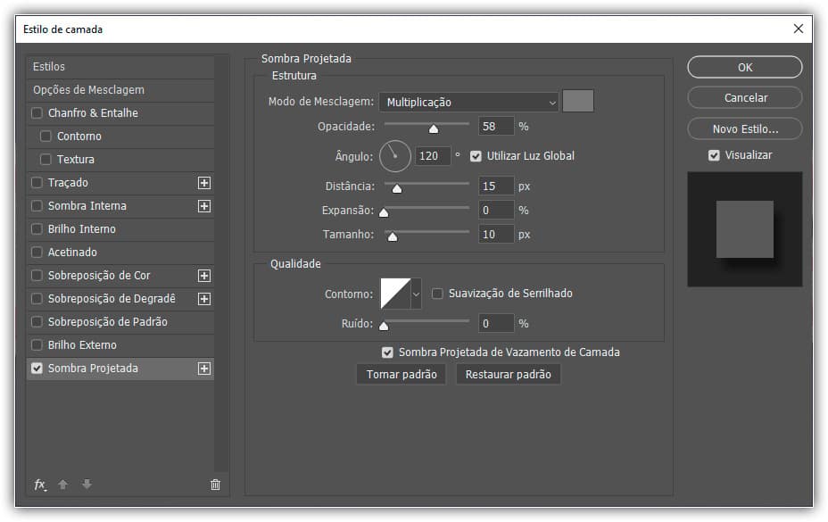 Aplicando sombra projetada a camada sombra.