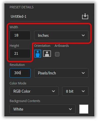 Inserindo meus próprios valores personalizados de Largura e Altura.