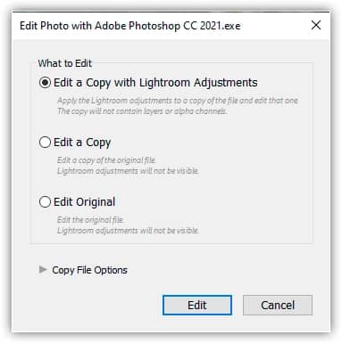 Com arquivos não brutos, o Lightroom pergunta o que deve enviar ao Photoshop.