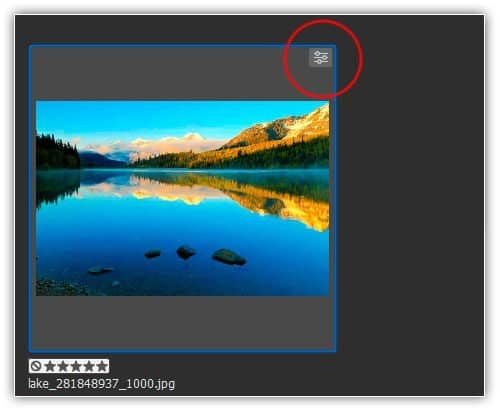 Um ícone de configurações do Camera Raw aparece no canto superior direito da miniatura JPEG.