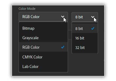 As opções Color Mode (à esquerda) e Bit Depth (à direita).
