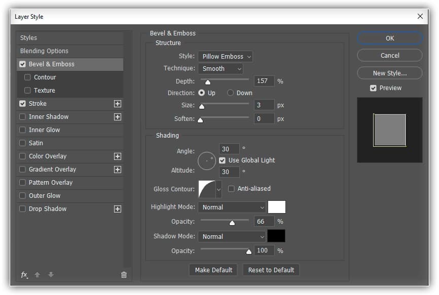 Adicionei a camada de estilo, Bevel & Emboss e um Stroke.