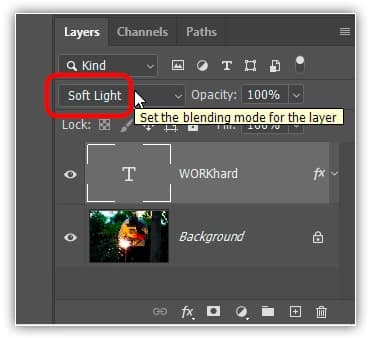 Alterando o modo de mesclagem da camada Type para Soft Light.