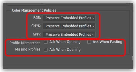 As opções de políticas de gerenciamento de cores.