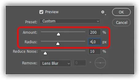 Os valores Amount e Radius trabalham juntos para aguçar a imagem.